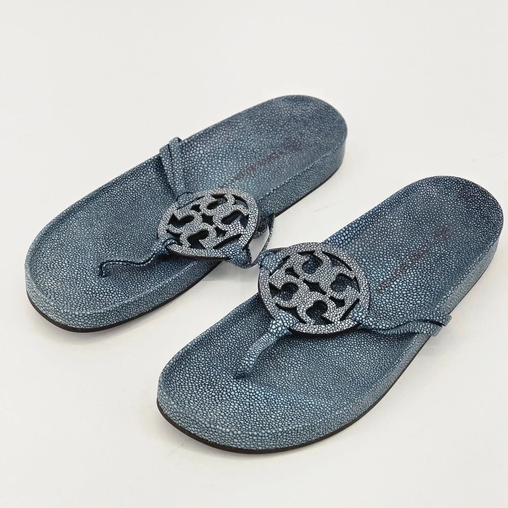 Tory Burch Miller Cloud Blue Stingray Embossed Leather Thong Sandals Shoes 10.5